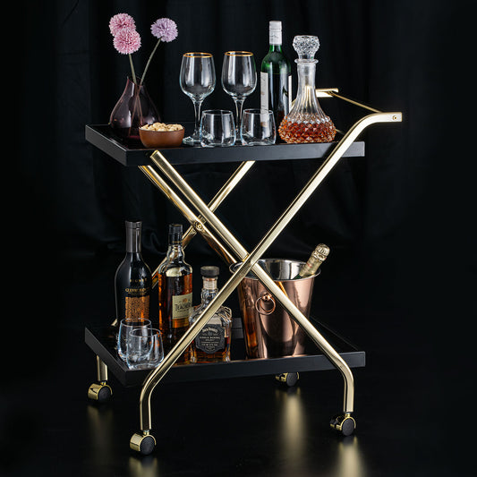 Elegant Black Glass Trolley with Gold Steel Frame