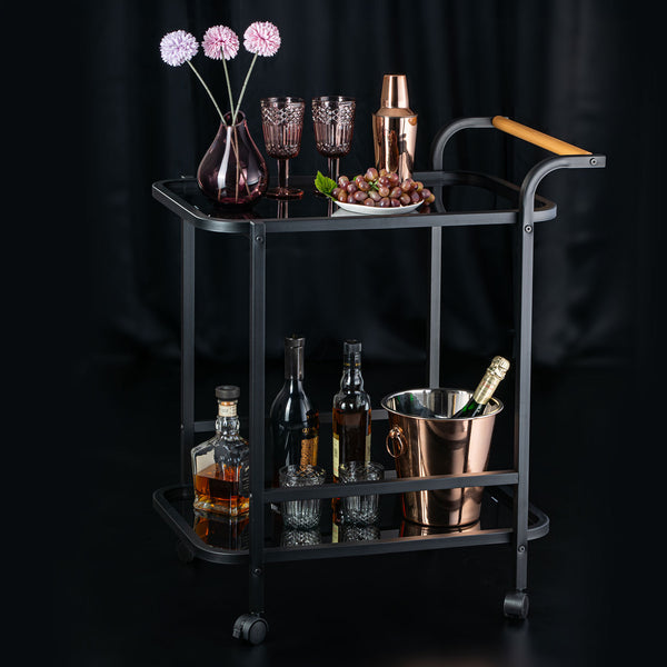 Elegant Glass Serving Cart with Black Metal Detailing