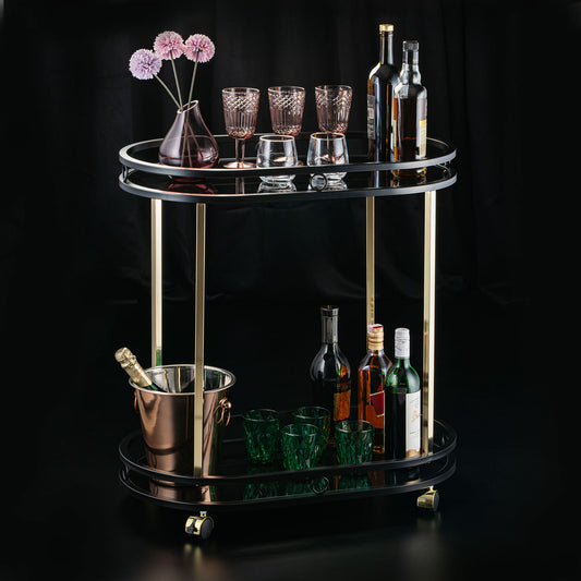 Sleek Black Serving Cart with Gold Trim