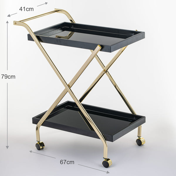 Elegant Black Glass Trolley with Gold Steel Frame